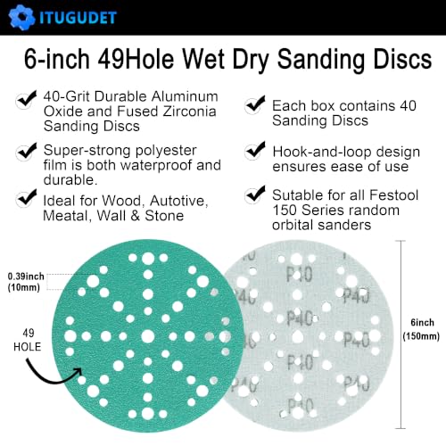 6 Inch 49 Hole Wet Dry P40 Grit Sanding Discs - 40 Pack Box - color: 40 Grit, size: 6 Inch 49 Hole