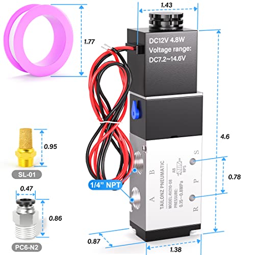 TAILONZ PNEUMATIC 1/4"NPT Solenoid Valve DC12V Single Coil Pilot-Operated Electric 2 Position 5 Way Connection Type 4V210-08 Outlet wire - color: DC12V, size: 2 Position 5 Way-1/4"NPT