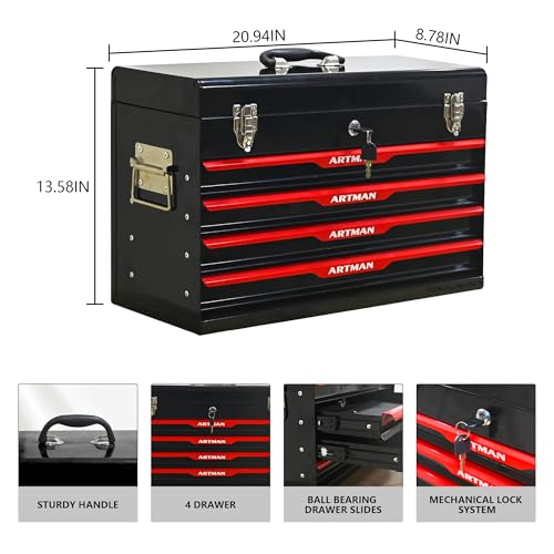 21-Inch 4-Drawer Heavy Duty Metal Tool Box, Portable Steel Chest With Eva Liners, Ball Bearing Slides, Locking Lid, 200lbs For Garage, Workshop, Home & Auto Mechanics (4, Black+Red(ARTMAN)) - color: Black+Red(ARTMAN)