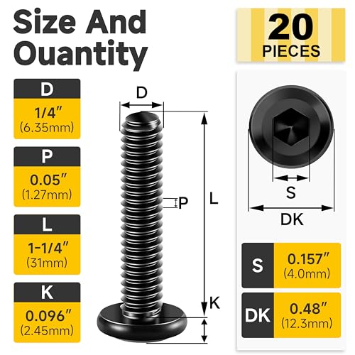 20Pcs 1/4 Bolts, 1/4-20 x 1-1/4" Flat Head Hex Socket Head Cap Screw Bolts, 1/4 Screws 304 Stainless Steel Furniture Screws Full Thread, Black Oxide & Hex Spanner by Mywish - size: 1/4-20 x 1-1/4"