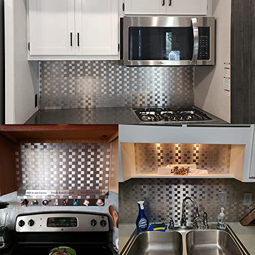 Yipscazo 10-Sheets Peel and Stick Backsplashes for Kitchen, Stick on Backsplash Stainless Steel Metal Tiles for Kitchen Walls, Stainless Steel Backsplash for Range Hood Wall Shield (12''x12'') - color: Square + Rectangle
