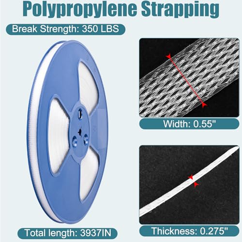 MYFAMIREA Packaging Strapping Banding Roll with Pallet, 0.55'' x 3937'' Heavy Duty Pallet Strap 350 LBS Break Strength, Polypropylene(PP) Plastic Strapping for Box Packaging and Shipping, Clear - style: 328FT Strapping-Clear