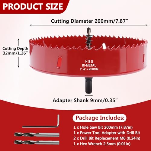 7.87 Inches/200mm Bi-Metal Hole Saw with Pilot Bit & Arbor - color: Red, size: 7.87 inches