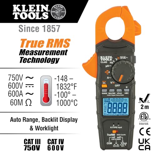 Klein Tools CL445 HVAC Clamp Meter, Auto-Ranging TRMS, NCVT, Measures Voltage, Current, Temperature, Micro Amps, InRush and More