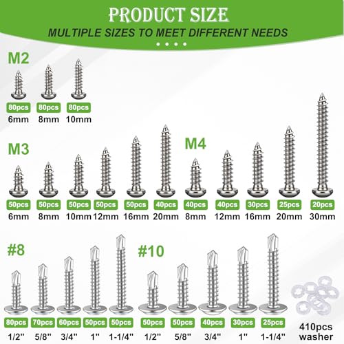 mxuteuk 1505PCS #8#10 & M2 M3 M4 Self Tapping Screws,410 Stainless Steel - size: SV #8 #10 & M2 M3 M4 Kit