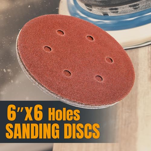 POWERTEC 80 Grit, 25 PK, 6 Inch Sanding Discs – Hook and Loop, 6-Hole Aluminum Oxide Orbital Sander Pads, Woodworking & Paint Round Sandpaper for Random Orbital, Air, Pneumatic & DA Sanders (45208)