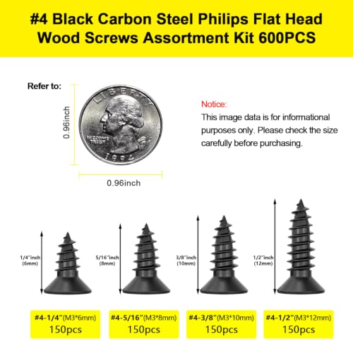 #4 Flat Head Wood Screws Assortment Kit 600Pcs, Black Carbon Steel - color: Black, size: #4-600pcs