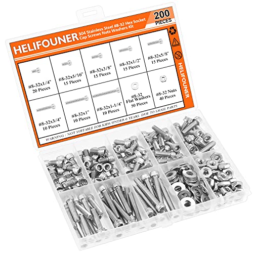 HELIFOUNER 200 Pieces #8-32 x 1/4" 5/16" 3/8" 1/2" 5/8" 3/4" 1" 1-1/4", Hex Socket Head Cap Screws Bolts Washers Nuts Kit, Coarse Thread, Fully Machine Threaded, 304 Stainless Steel - size: #8-32, style: Socket Head