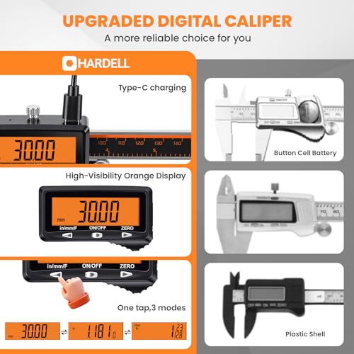 HARDELL Digital Caliper 12" USB-C Charging – Orange Display, Non-Backlit - size: 12 Inch