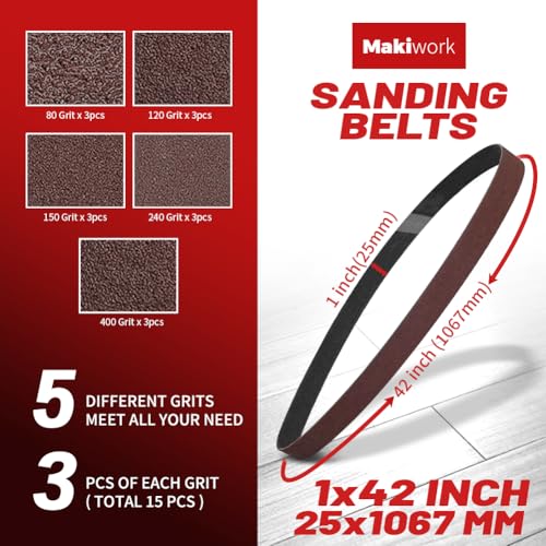 1 x 42 Inch 25 x 1067 mm Sanding Belts Set - 15-Pack with 80/120/150/240/400 Grits, Aluminum Oxide Abrasive Belts for Woodworking - size: 1 x 42(15pcs)