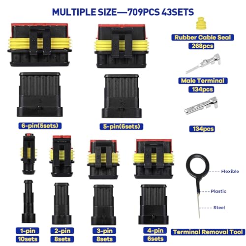 Boatsea 709Pcs Waterproof Wire Connectors, 43 Kits Automotive Electrical Connectors Electrical Wire Connectors Kit 1/2/3/4/5/6 Pin Weather Pack Connector for 13-20 AWG Wire with Ratchet Crimping Tool - size: 1/2/3/4/5/6Pin 43Kits with Crimper