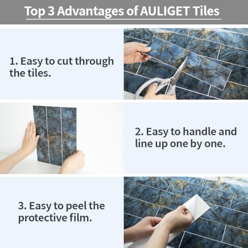 AULIGET 40-Piece Polished Blue Marble Peel and Stick Backsplash Wall Tiles, 3" x 12" PVC Faux Stone Stick on Tiles for Backsplash Kitchen, Bathroom, Laundry Room, Camper, Fireplace - color: Polished Blue Marble, size: 40 Pieces, 3"x12"x0.12"