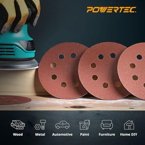 POWERTEC 150PK, 240 Grits, Sanding Discs 5 Inch - Hook and Loop, 5 Inch 8 Hole Aluminum Oxide Sandpaper Discs, Woodworking Sanding Pads for Random Orbital, Palm, Air, DA & Pneumatic Sander (45024-P6) - style: 240 Grit, 150PK