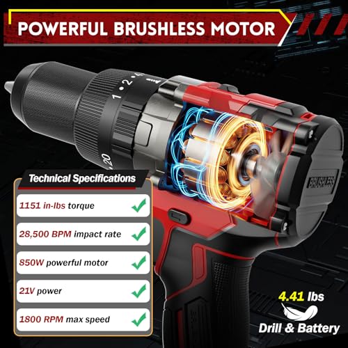 1151In-lbs High Torque Brushless Cordless Hammer Drill 28500 BPM
