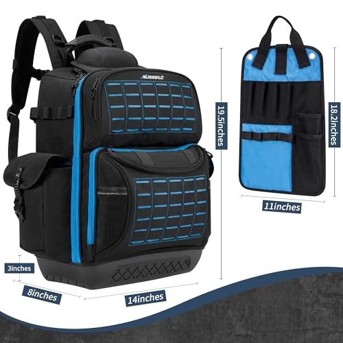 Tool Backpack Heavy Duty Tool Bag for men Waterproof Molded Base 62 Pockets - color: Black