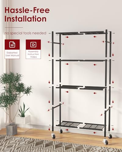Sakugi 4-Tier Storage Shelves 33.1" x12.6" x58.9" Black with Wheels - color: Black, size: 33.1W x 12.6D x 58.9H(4T)