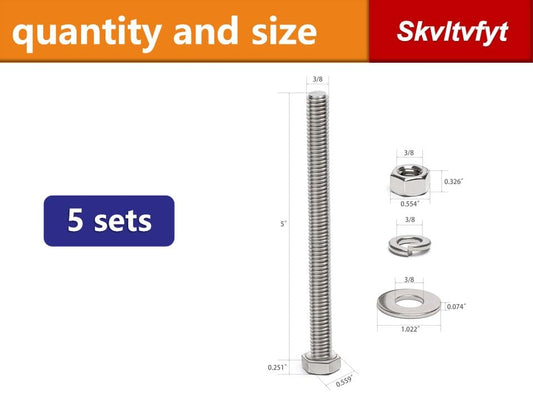 (5 Sets) 3/8-16 x 5 Hex Head Screw Bolt, Nuts, Flat Washer & Spring Lock Washers, 18-8 (304) Stainless Steel, Fully Threaded, by Skvltvfyt - size: 3/8-16x5" (5 Sets)