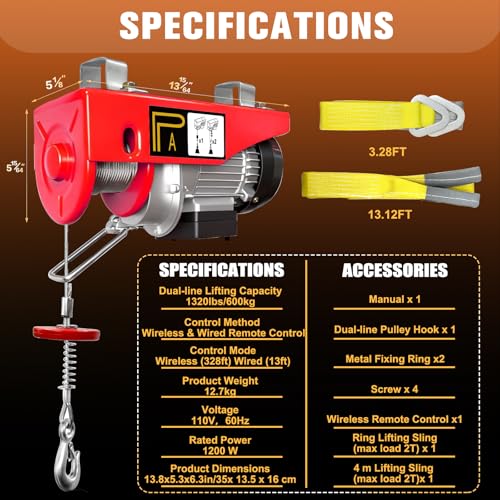 Electric Hoist 1320 Lbs Wireless & Wired Remote Lift Emergency Stop Winch - style: 1320LBS Wireless/Wired