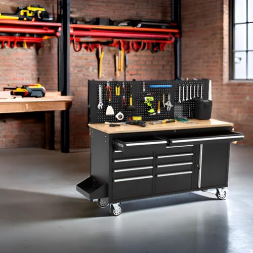 61-Inch Rolling Tool Chest with 10 Drawers & Power Strip, Solid Rubber Wood Top, 1675 LBS Load Heavy Duty Mobile Workstation, Locking System and Drawer Liners for Garage Warehouse Shop, Black - size: 61 In Matte Black