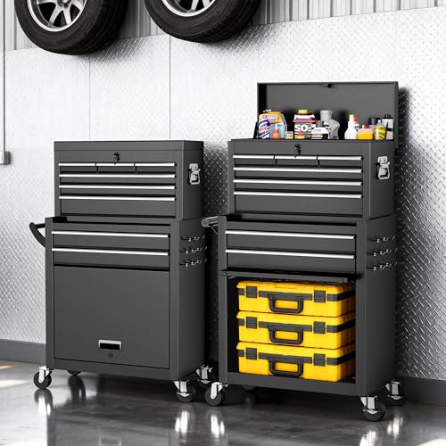 8-Drawer Rolling Tool Chest with Wheels, Lockable 3-in-1 Tool Box, Detachable Top Toolbox & Bottom Storage Cart with Side Hooks, Heavy Duty Steel Tool Cabinet for Garage, Workshop, Warehouse - color: Black, size: 8-Drawers
