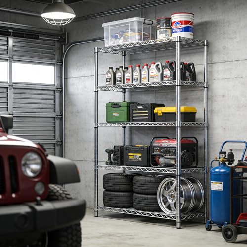 IZEUK 5-Tier Metal Storage Shelving Unit, Heavy Duty Chrome Wire Rack, Adjustable Shelves, 1750 lbs, 17.7" D x 47.2" W x 72.3" H, Garage Storage, Kitchen Pantry Organizer, Basement & Laundry Shelf - color: Chrome, size: 17.7" D x 47.2" W x 72.3" H