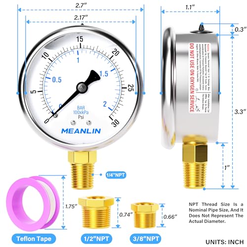 MEANLIN MEASURE 0~30Psi Stainless Steel 1/4" NPT 2.5" FACE DIAL,Liquid Filled Pressure Gauge,WOG Water Oil Air Lower Mount (Pack of 2), with 1/2" NPT and 3/8" NPT Hex Bushing - size: 0-30Psi (2Pcs)