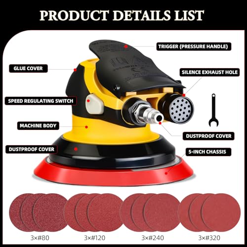 5/6 Inch Pneumatic Random Orbital Air Sander,DA Sander for Auto Body