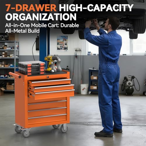 7-Drawer Rolling Tool Chest with Wheels, Metal Tool Storage Cabinet with Lock&Keys and Swivel, Toolbox with Drawers, Tool Box for Warehouse,Garage, Repair Shop, Workshop (Orange, 7-Drawer) - color: Orange, size: 7-Drawer