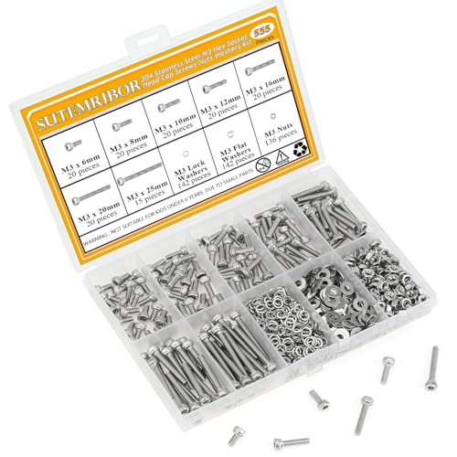 555 Pieces M3 Screws Nuts Washers Set, Sutemribor M3 x 6/8/10/12/16/20/25mm Hex Socket Head Cap Screws Nuts Washers Assortment Kit, 304 Stainless Steel, Fully Threaded - size: M3 Screws Kit, style: Socket Head