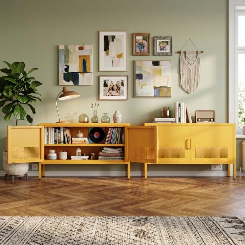 Wide Metal TV Stand Storage Cabinet with Accent Cabinet, Entertainment Center Cabinet for Home, Locker for Office Living Room for Office Home, Entryway and Hallway Yellow - color: Mustard, style: TV stand-22"H-OL