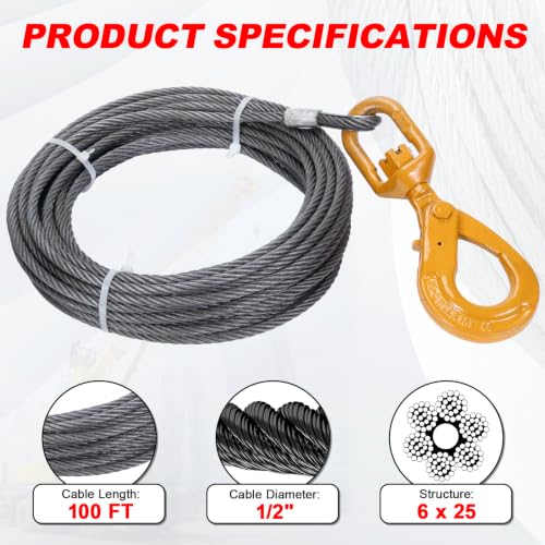 1/2" x 100' Steel Winch Cable with Self-Locking Safety Hook - size: 1/2"x100ft