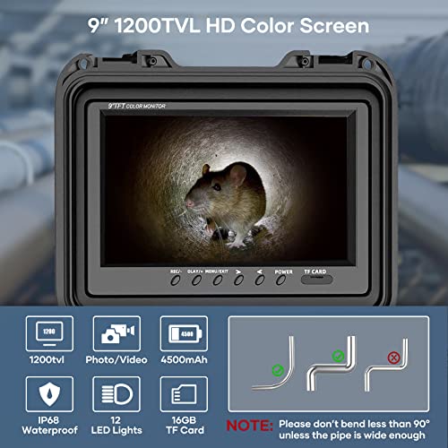 Oiiwak Sewer Camera, 100FT Sewer Pipe Video Inspection Camera with 9'' LCD Monitor for Snake Drain Plumbing Pipe, 720P DVR Recorder, 12 LEDs, IP68 Waterproof 23MM Industrial Borescope, 16GB SD Card