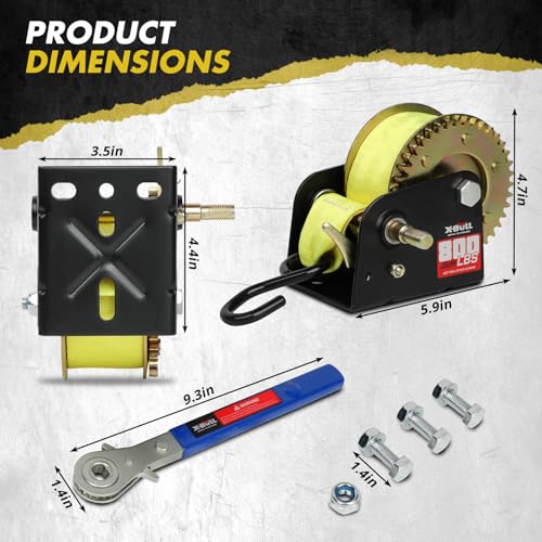 X-BULL 800 lb Hand Winch – Heavy-Duty Manual Crank Winch with 20 ft Nylon Strap, 3:1 Gear Ratio, Professional Ratchet Handle & Corrosion-Resistant Build for Trailers, Trucks & ATVs - size: 800 LBS