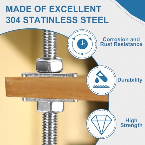 PATIKIL 5 Pcs Fully Threaded Rod, M6 x 80mm 304 Stainless Steel Right Hand Long Thread Bar Studs with Nuts Square Washers for Pipes Clamps Hangers U-Bolts