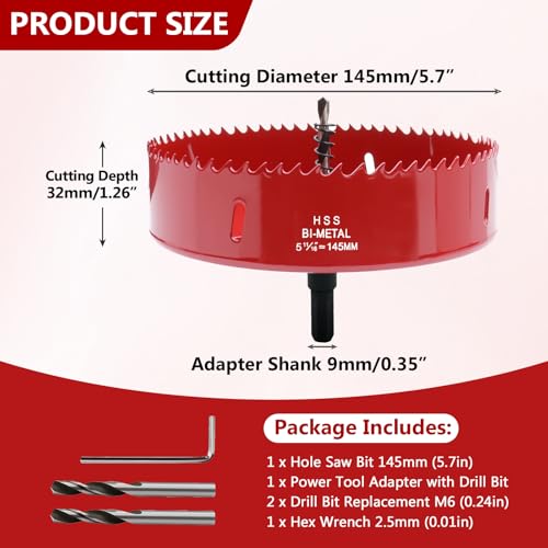 5.7 Inches/145mm Bi-Metal Hole Saw with Pilot Bit & Arbor - color: Red, size: 5.7 inches