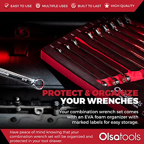Olsa Tools 15-Piece SAE Combination Wrench Set, Chrome Vanadium Steel, Precision 12-Point Box End, Unbreakable