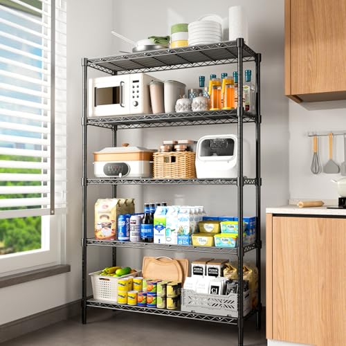 45" W Storage Shelves 5 Tier Wire Shelving, Adjustable Metal Shelving Unit with Shelf Liners, 1875LBS Heavy Duty Storage Rack for Garage Pantry Kitchen Commercial, 45" W x 16" D x 72" H, Black - color: Black, size: 45" W x 16" D x 72" H-5 Tier