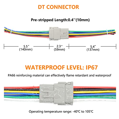 2 Set 8 Pin DT Deustch Waterproof Automotive Electrical Butt Connector with 16AWG -40℃-105℃ 600V Wires and Heat Shrink Tubes Connectors Kit for Car Truck Boat (F 8Pin Wiring 2Pair)