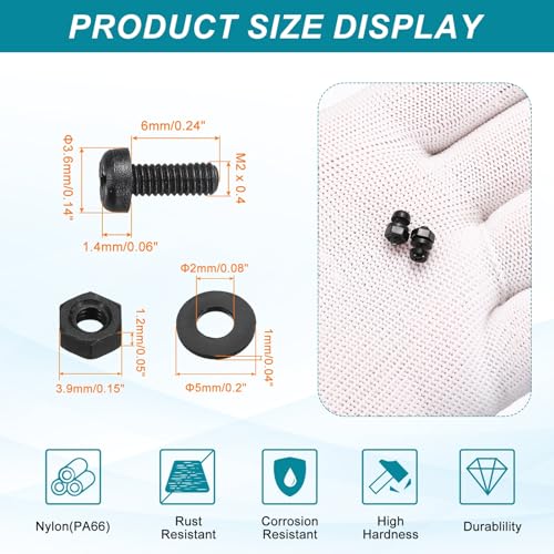 MECCANIXITY 30 Set M2x6mm Nylon PA66 Plastic Cross Round Head Screw Phillips Bolts Hex Nuts Flat Washers Assortment Kit, Metric Full Thread Bolt Fasteners for DIY Machine Assembly, Black - color: Black, size: M2x6mm