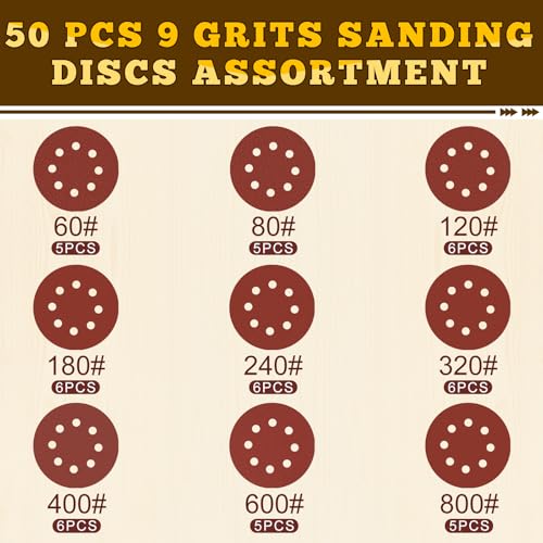 5 Inch Hook and Loop Sanding Discs, 50 Pack 8 Hole, 9 Mixed Grits