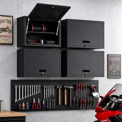 Wall Mounted Metal Storage Cabinet, Garage Hanging Tool Cabinet - color: Black, size: S - Flip-up Door & Shelves (Wall)