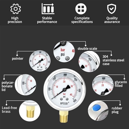 2.5" Liquid Filled Pressure Gauge, 0-200 PSI, 1/4" NPT Lower Mount, 304 Stainless Steel Case, Glycerin Damped for Water, Oil, Air & HVAC Systems - size: 0-600 psi, style: Lower Mount