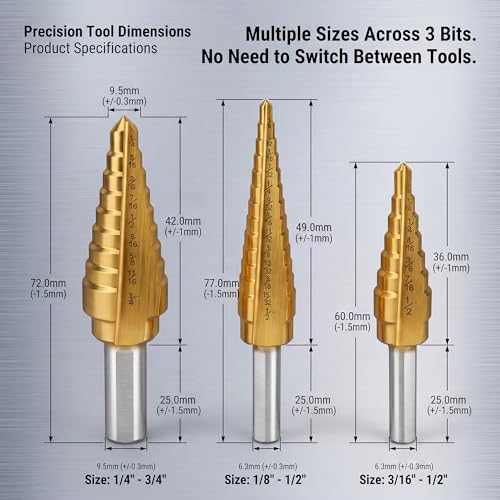 3-Piece HSS Titanium Step Drill Bit Set with Double Flutes