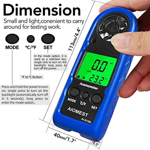 Digital Anemometer 65 mph, AIOMEST Mini Wind Speed Meter Gauge AI-816B