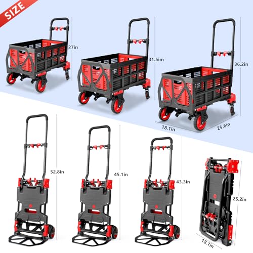 2-in-1 Hand Truck Dolly with Folding Basket, 330LB Heavy Duty Carrying Portable Handtruck, Foldable Hand Dolly with 360° Swivel Wheels&Retractable Handle for Moving, Luggage, Shopping, Office - color: D-red