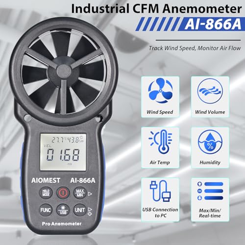 HVAC CFM Anemometer, AIOMEST Handheld Air Flow Meter Measuring Wind Speed/Airflow Velocity, Test Air Volume,Temperature, Humidity, Digital CFM Tester AI-866A with Real-Time USB Sync to PC