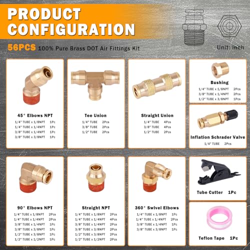 56 Pcs Brass DOT Air Line Fittings kit with Brass Bushings - color: Gold-56PCS