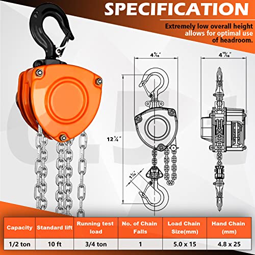 YATOINTO Chain Hoist 1/2 Ton (1100Lbs) Capacity 10FT, Manual Hand Lift Chain Block Hoist with 2 Heavy Duty Hooks, Industrial Grade Structures, Hand Chain Hoist for Garages Automotive Machinery - size: 1/2 Ton (1100LBS)