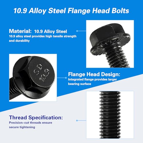 M8 x 40mm Flanged Hex Head Bolts Flange Hexagon Screws, M8x1.25 Bolt, 10.9 Grade Alloy Steel, Hexagon Head Bolts, Black Zinc Finish, Full Thread, Quantity 10 - size: M8 x 40mm(10PCS)