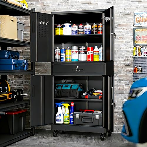 Metal Storage Cabinet for Garage, Tool Cabinet, Utility Cabinet - color: Black, size: L - 4 Doors & 1 Drawers (Wheeled)